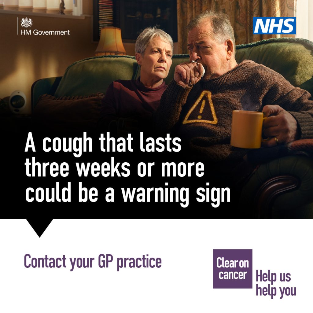 If a friend or family member has been coughing for three weeks or more, encourage them to contact their GP practice.   It's probably nothing serious, but it could be a sign of cancer. Early diagnosis and treatment of cancer can save lives. nhs.uk/cancersymptoms